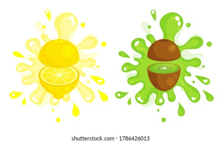 Juicy Cut Fruits with Pulpy Splashes and Blots Vector Set