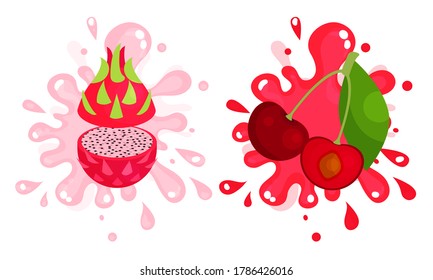 Juicy Cut Fruits with Pulpy Splashes and Blots Vector Set