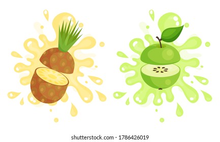 Juicy Cut Fruits with Pulpy Splashes and Blots Vector Set