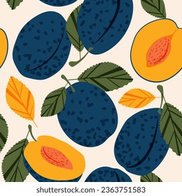 Juicy dark blue plums. Summer tropical atmosphere with fruit slices seamless pattern for modern fabrics and textiles. Vector.