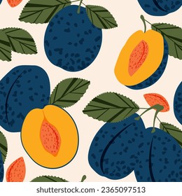 Jugosas ciruelas azules oscuras. Vibra tropical de verano con rodajas de fruta sin soldadura para telas y textiles modernos. Vector.