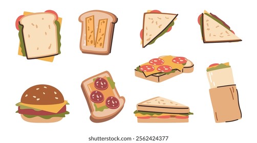 Juicy delicious sandwiches with bacon and cheese, sausage and vegetables. Vector isolated nutritious different shaped snacks from whole grain bread for meat lovers and vegetatians, tasty food