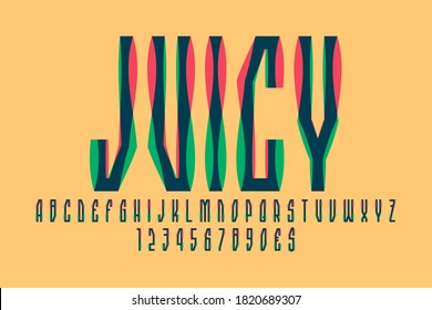 Juicy display font. Artistic pink green blue letters, numbers and currency signs. Isolated vector english alphabet.