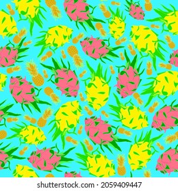 Juicy dragon fruits in yellow and ink colors with small pineapples seamless pattern. Suitable for packaging, aprons, printing and backgrounds. Surface pattern.
