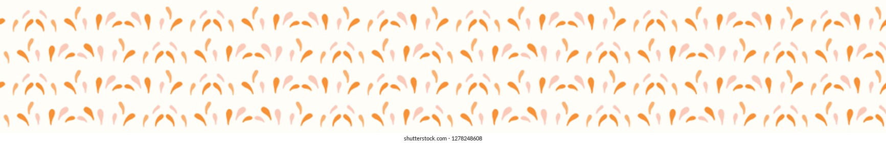 Juicy drops of orange citrus fruit splashes. Hand drawn seamless vector border illustration. Fresh wet droplets of tropical juice or coral confetti shapes banner ribbon. Good for washi tape.
