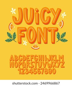 Juicy Font. Alfabeto afrutado de verano naranja. Letras y números de jugo de naranja.