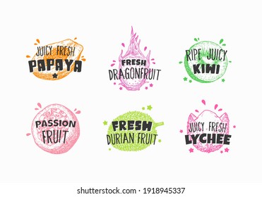 Juicy Fresh Ecxotic Fruits Badges, Labels or Logo Templates Collection. Hand Drawn Papaya, Lychee, Pitaya, Kiwi and Durian Sketch with Playful Typography. Premium Exotic Food Emblems Set. Isolated.