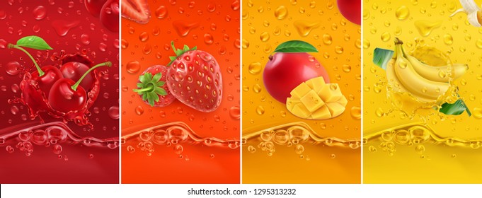 Juicy and fresh fruit. Cherry, strawberry, mango, banana. Dew drops and splash. 3d vector realistic set. High quality 50mb eps