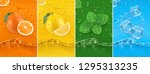 Juicy and fresh fruit. Orange, Lemon, mint, ice water. Dew drops and splash. 3d vector realistic set. High quality 50Mb eps