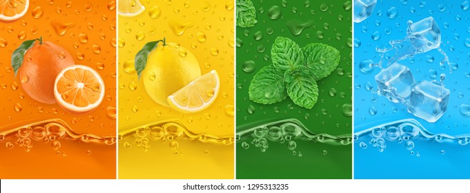 Juicy and fresh fruit. Orange, Lemon, mint, ice water. Dew drops and splash. 3d vector realistic set. High quality 50Mb eps