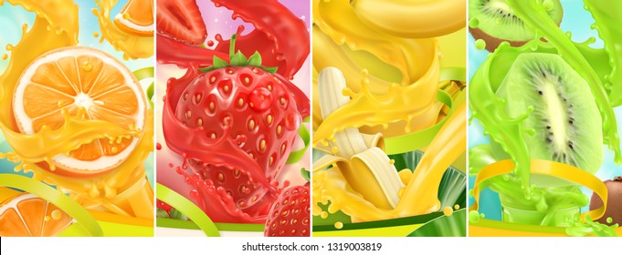 Juicy and fresh fruit. Orange, strawberry, banana, kiwi. Juice splash. 3d vector realistic set