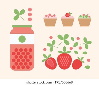 Juicy and fresh fruit. Organic food vector illustration. The jar of strawberry’s jam on white background. Delicious berry cupcake.