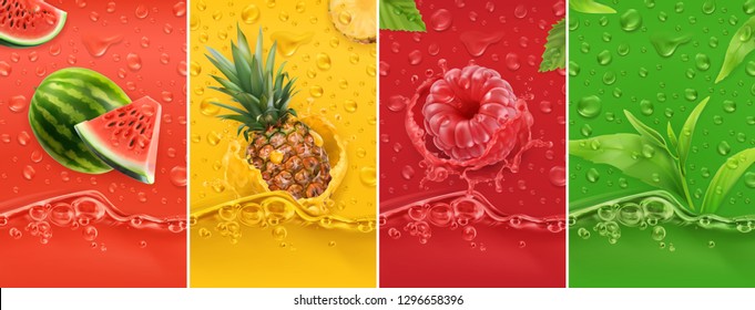 Juicy and fresh fruit. Watermelon, pineapple, raspberry, tea. Dew drops and splash. 3d vector realistic set. High quality 50mb eps
