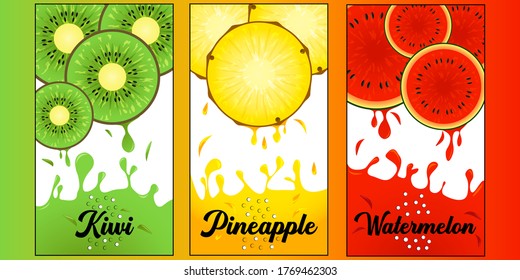 Juicy and fresh fruit. Watermelon, pineapple, kiwi. Dew drops and splash. 3d vector realistic set. Art vector illustration.
