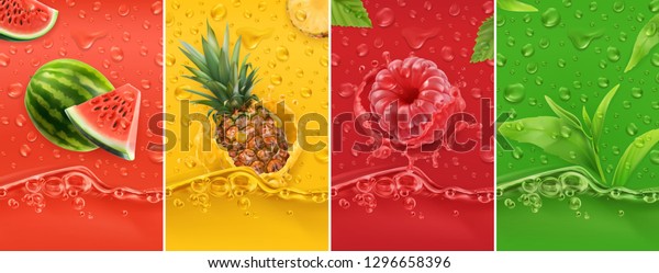 Juicy and fresh fruit. Watermelon, pineapple,\
raspberry, tea. Dew drops and splash. 3d vector realistic set. High\
quality 50mb eps