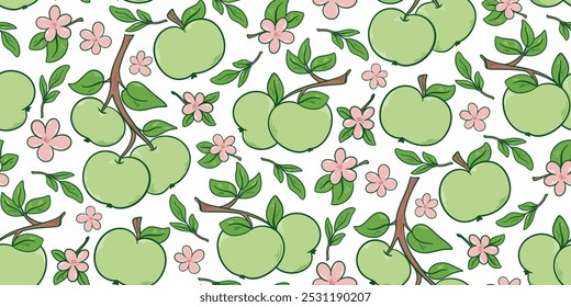 Juicy fresh green apples and flowers seamless pattern. Fruity summer background. Ripe fruits apples on branches with leaves and flowering twigs, vector graphics