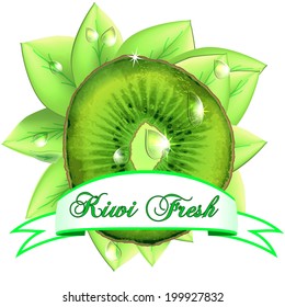 Juicy fresh kiwi with leaves, drops  and ribbon on white background.Vector