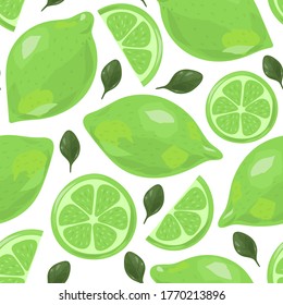 Juicy fresh limes. Fruit Slices. Summer seamless pattern. Vector illustration isolated on white background.