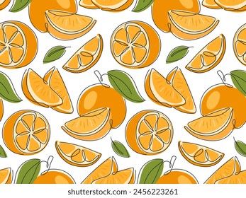 Juicy fresh orange seamless pattern. Summer abstract fruit background. Whole grapefruit and slices. Doodle outline illustration. Template for juice packaging, fabric print, cover, wallpaper