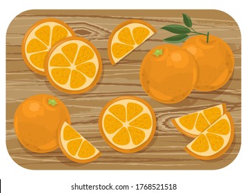 Juicy fresh oranges. Sliced fruit on a wooden board. Vector illustration isolated on a white background.
