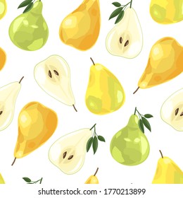 Juicy fresh pears. Fruit Slices. Summer seamless pattern. Vector illustration isolated on white background.
