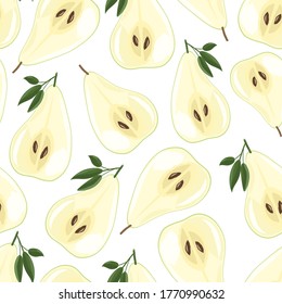 Juicy fresh pears. Fruit Slices. Summer seamless pattern. Vector illustration isolated on white background.