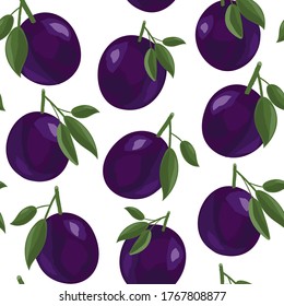 Juicy fresh plums. Fruit Slices. Summer seamless pattern. Vector illustration isolated on white background.