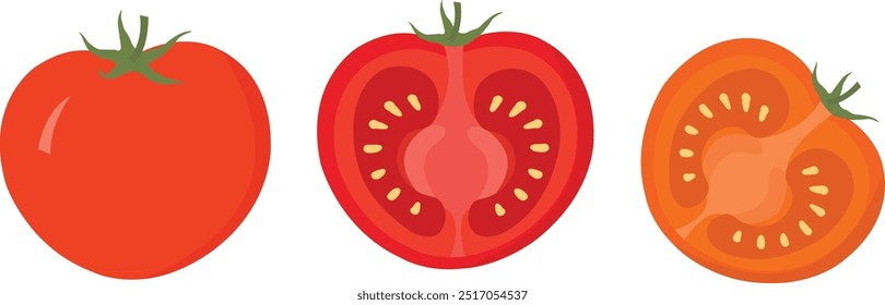 Juicy Fresh Red Tomato with Half-Cut Slice: Full and Half-Cut Vector Illustration. Fresh Tomato Harvest. Stock Vector for Food and Agriculture. Vector Graphic for Farm and Market.