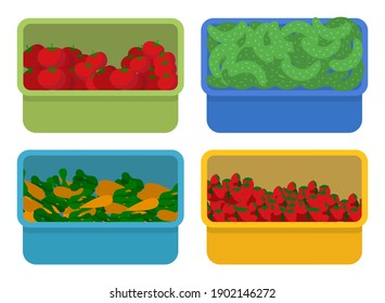 Juicy fresh ripe vegetables and berries in plastic boxes flat style. Autumn harvest of tomatoes, cucumbers, carrots and strawberry collected in a container. Vegetable is used for juice and salad