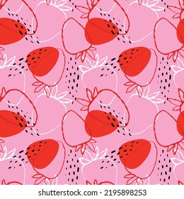 Juicy Fresh Strawberry In Doodle Style .Strawberry Abstract Hand Drawn Pink Background. Banner For Bar Cocktail Milkshake Poster. Drink Illustration For Menu Or Packaging Design.