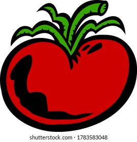 Hortalizas jugosas de tomate fresco con tallo y hojas — ilustración de caricatura