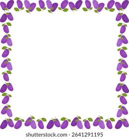 Juicy fresh violet plums frame. Aesthetic groovy berries design template. Empty space for your text
