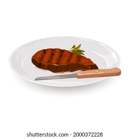 Juicy fried meat served on plate with knife. Vector restaurant dinner, nutritious meal for one, tasty protein ribeye. Outdoor dish, cooking design isolated on white background