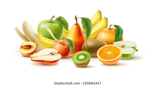 Juicy fruit. 3D appetizing fresh pear, bananas and apples. Whole and half peach. Vitamin kiwi and orange. Realistic natural vegetarian food. Plant products composition
