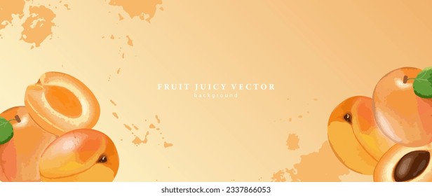 Juicy fruit background with apricots and splashes. Background for decor, wallpapers, postcards and presentations. Frame for text and photo.