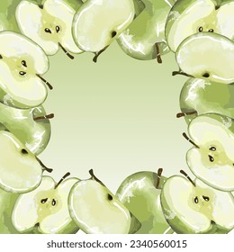 Juicy fruit background with green apples. Frame for text or photo. Apple background for decor, covers, postcards and presentations.