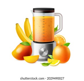 Juicy fruit. Household blender and ripe mangoes or oranges. Kitchen equipment for blending banana and citrus fresh drink. Healthy vegetarian beverage. Vector mixing smoothie concept