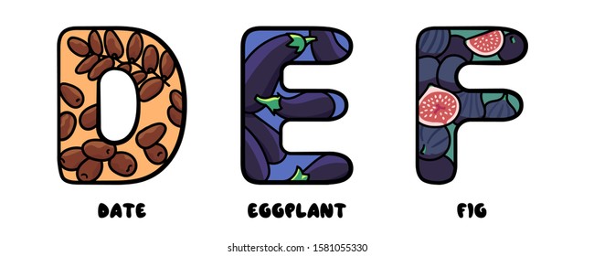 Juicy fruit letters D E F of english alphabet made from apples, bananas and cherries. Colorful letters of the children's alphabet for kids learning. Isolated vector illustations on white background.