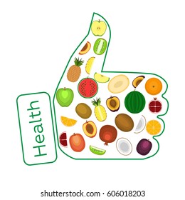 Juicy fruit on a white background in a frame in the shape of a hand. Healthy lifestyle. Orange, kiwi, pineapple, apple, pomegranate, coconut, plum, peach, melon, watermelon.