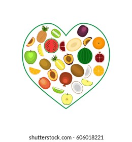 Juicy fruit on a white background in a frame in the shape of a heart. Orange, kiwi, pineapple, apple, pomegranate, coconut, plum, peach, melon, watermelon.