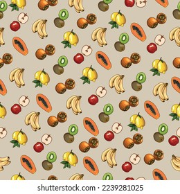 Juicy fruit pattern. Banana. Persimmon. Papaya. Apple. Lemon. Kiwi