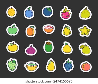 Juicy fruit products. Sticker Bookmark. Exotic food. Hand drawn style. Vector drawing. Collection of design elements.