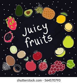 Juicy fruit set on black background. Hand drawn sketch styled fruits. vegan food concept.