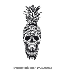 Juicy fruit skeleton head emblem design. Monochrome element with skull in pineapple peel vector illustration. Summer tropical party concept for symbols or tattoo templates