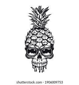 Juicy fruit skull emblem design. Monochrome element with skeleton head in sunglasses and pineapple peel vector illustration. Summer tropical party concept for symbols or tattoo templates