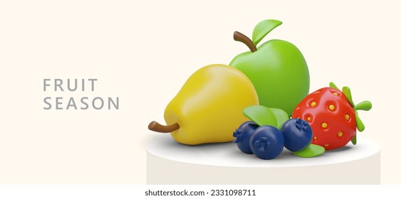 Juicy fruit time. Light low calorie food. Raw fresh fruits and berries. 3D pear, apple, strawberry, blueberries. Summer detox with natural resources. Horizontal color layout