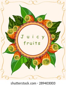  	
Juicy fruits. Background with tropical fruit and leaves and with place for your text