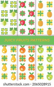 Juicy fruits backgrounds set with fruits flat simbols. Orange, pear, apple, strawberry, grape, pineapple seamless patterns. Texture, ornament for wallpaper, wrapping paper, package, textile, fabric