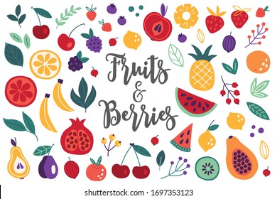 Juicy fruits and berries - cherry, apple, pear, plum, banana, orange, kiwi, blackberry, watermelon, lemon, strawberry, pineapple, pomegranate, leaves. Perfect for preserves, jam, healthy food 