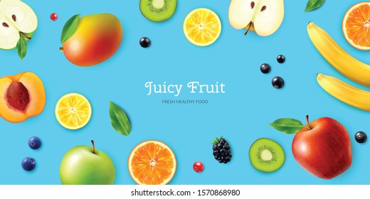 Juicy fruits and berries horizontal poster with lemon orange blueberry banana apple currant on bright blue background realistic vector illustration